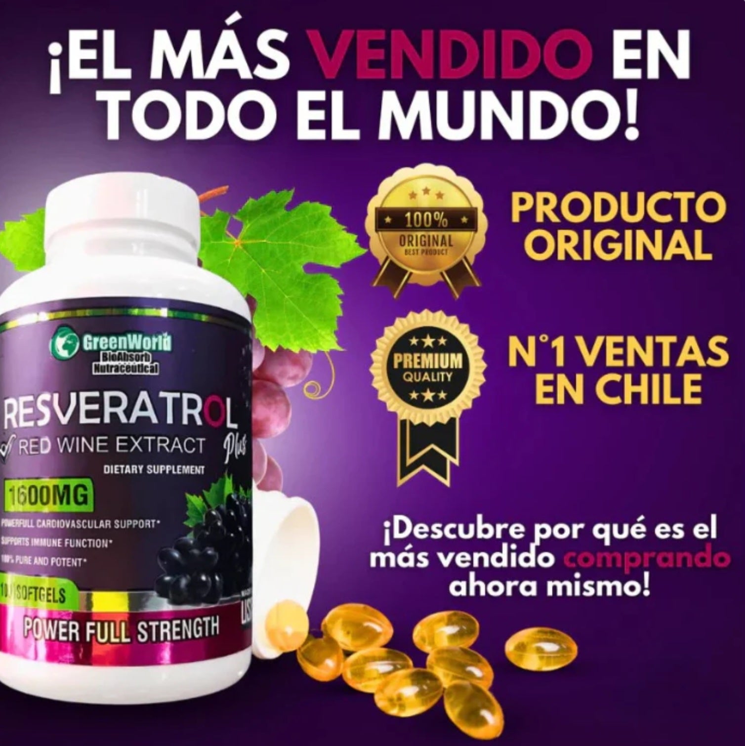 Resveratrol® ORIGINAL: 100 cápsulas (DOSIS PARA 1 MES) Recupera tu energía y enfrenta el día con fuerza+ENVIO GRATIS