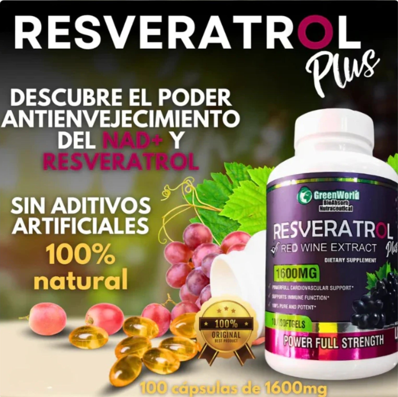 Resveratrol® ORIGINAL: 100 cápsulas (DOSIS PARA 1 MES) Recupera tu energía y enfrenta el día con fuerza+ENVIO GRATIS